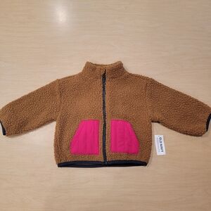 NWT Old Navy Brown Sherpa Jacket with Pink Pockets 12-18 Months Baby Toddler